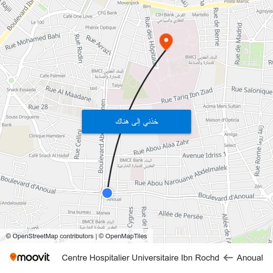 Anoual to Centre Hospitalier Universitaire Ibn Rochd map