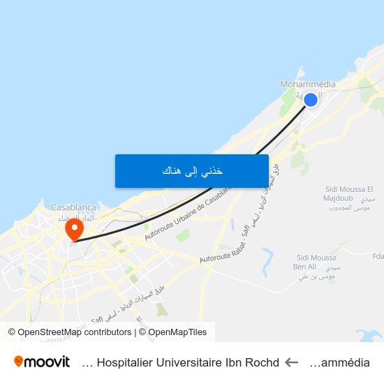 Mohammédia to Centre Hospitalier Universitaire Ibn Rochd map