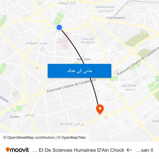 Avenue Hassan II to Faculté De Lettres Et De Sciences Humaines D'Ain Chock كلية الآداب و العلوم الإنسانية عين الشق map