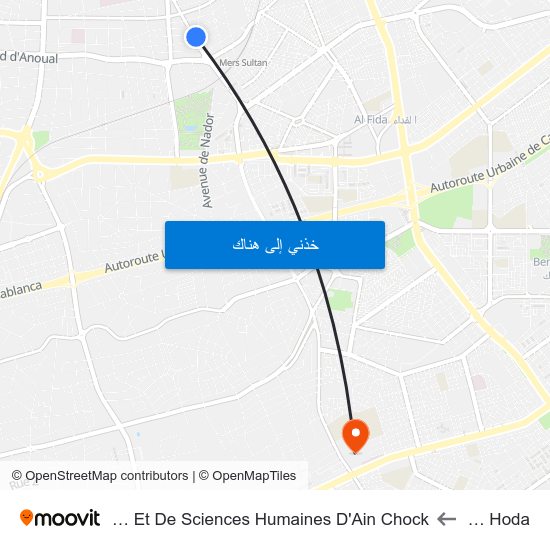 Mosquée El Hoda to Faculté De Lettres Et De Sciences Humaines D'Ain Chock كلية الآداب و العلوم الإنسانية عين الشق map
