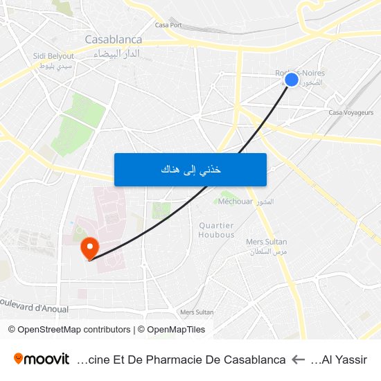 Place Al Yassir to Faculté De Médecine Et De Pharmacie De Casablanca map