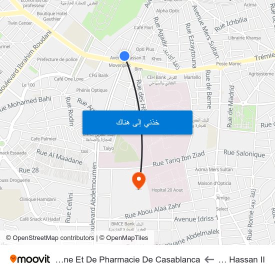 Avenue Hassan II to Faculté De Médecine Et De Pharmacie De Casablanca map