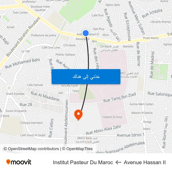 Avenue Hassan II to Institut Pasteur Du Maroc map
