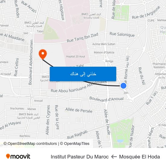 Mosquée El Hoda to Institut Pasteur Du Maroc map