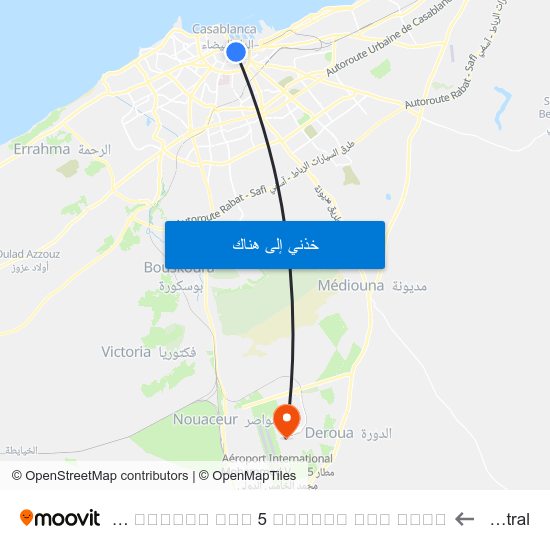 Marché Central to Aeroport Mohamed V Terminal 2 ⴰⵣⴰⴳⵯⵣ ⵏ ⵎⵓⵃⵎⵎⴷ ⵡⵉⵙ 5 ⵜⴰⵖⵙⵔⵜ ⵜⵉⵙ ⵙⵏⴰⵜ مطار محمد الخامس صالة 2 map