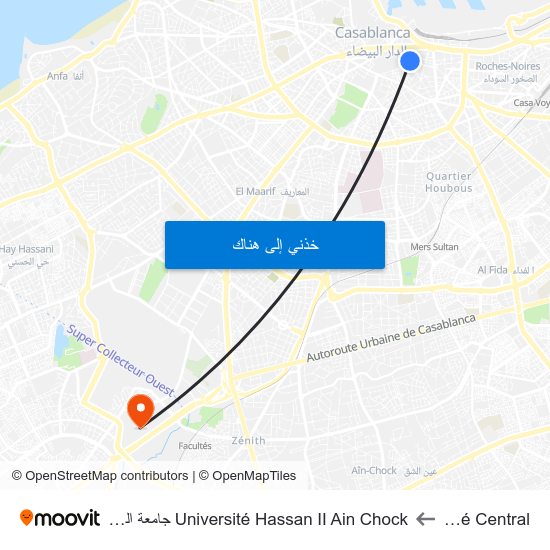 Marché Central to Université Hassan II Ain Chock جامعة الحسن الثاني عين الشق map