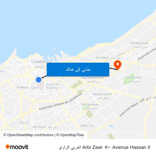 Avenue Hassan II to Arbi Zawi العربي الزاوي map