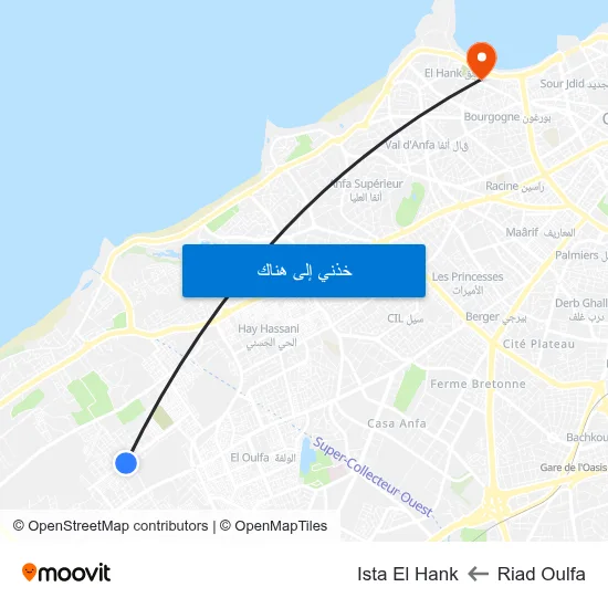Riad Oulfa to Ista El Hank map