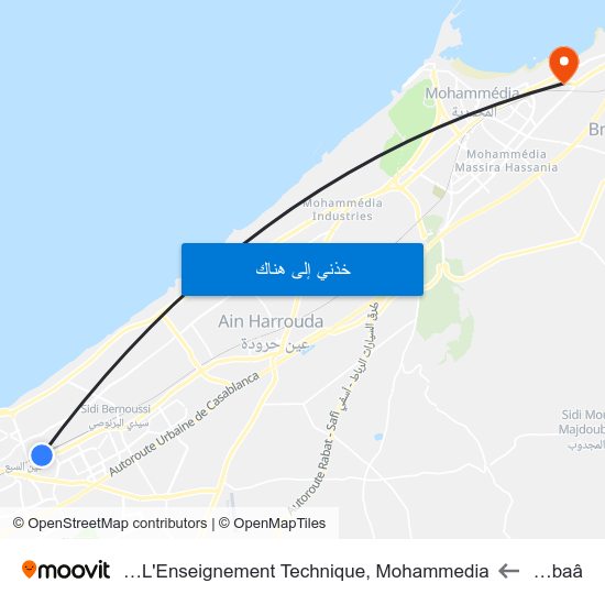 Aïn-Sebaâ to École Normale Supérieur De L'Enseignement Technique, Mohammedia map