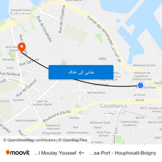 Gare Casa-Port - Houphouët-Boigny to Hôpital Moulay Youssef map
