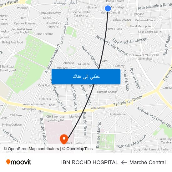 Marché Central to IBN ROCHD HOSPITAL map