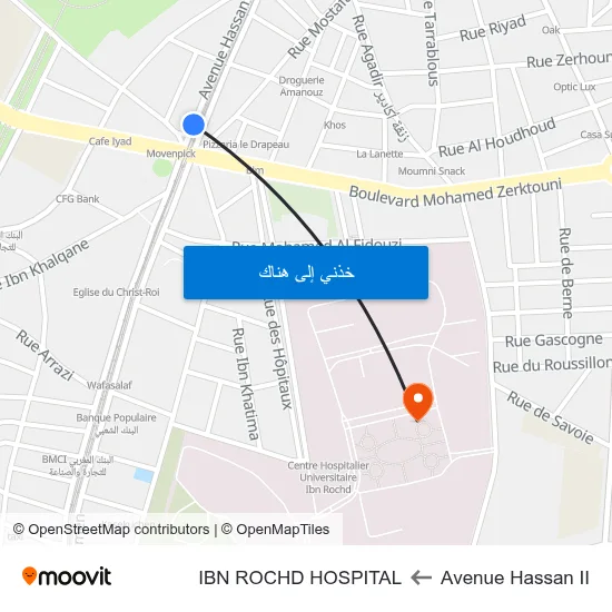 Avenue Hassan II to IBN ROCHD HOSPITAL map