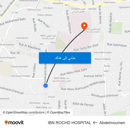 Abdelmoumen to IBN ROCHD HOSPITAL map