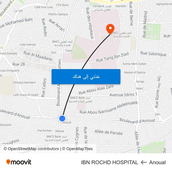 Anoual to IBN ROCHD HOSPITAL map