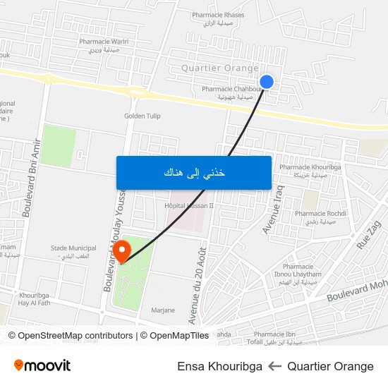 Quartier Orange to Ensa Khouribga map