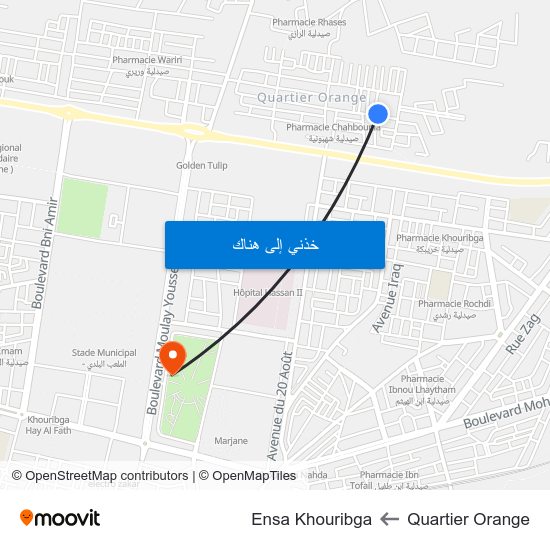 Quartier Orange to Ensa Khouribga map