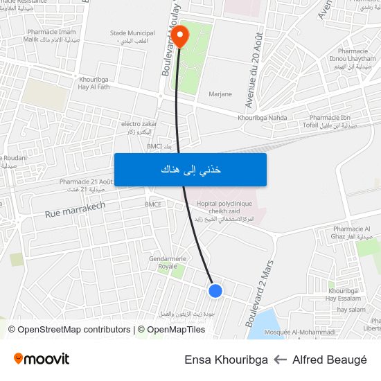 Alfred Beaugé to Ensa Khouribga map