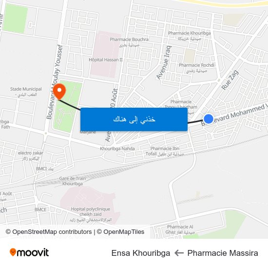 Pharmacie Massira to Ensa Khouribga map