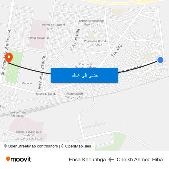 Cheikh Ahmed Hiba to Ensa Khouribga map