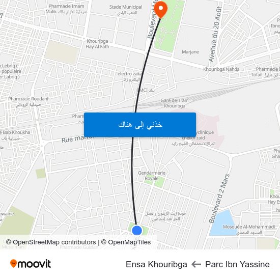 Parc Ibn Yassine to Ensa Khouribga map