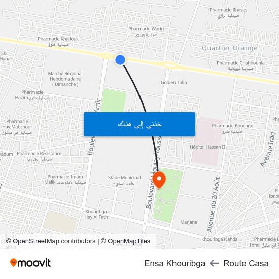 Route Casa to Ensa Khouribga map