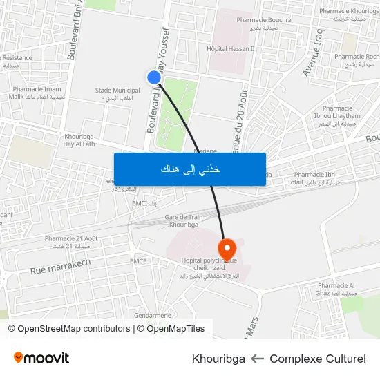 Complexe Culturel to Khouribga map