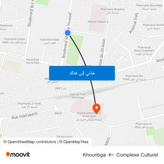 Complexe Culturel to Khouribga map