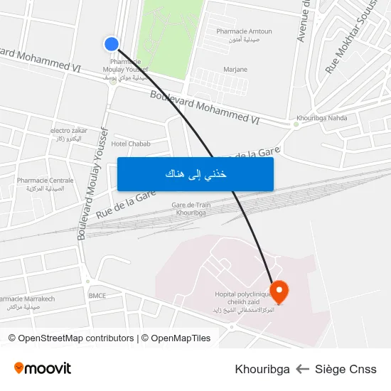 Siège Cnss to Khouribga map