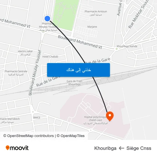 Siège Cnss to Khouribga map