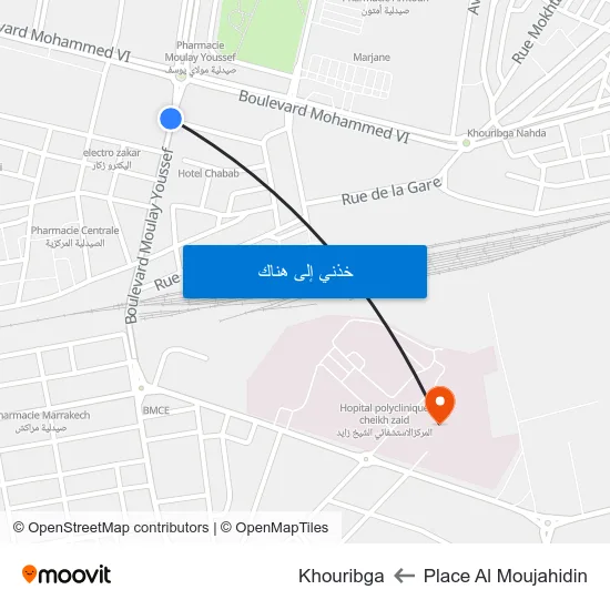 Place Al Moujahidin to Khouribga map