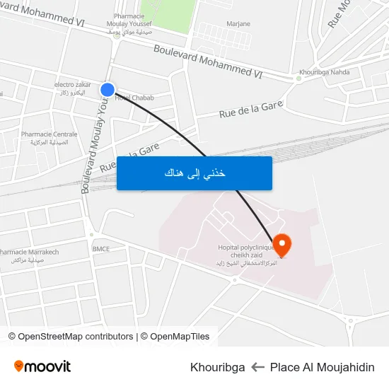 Place Al Moujahidin to Khouribga map
