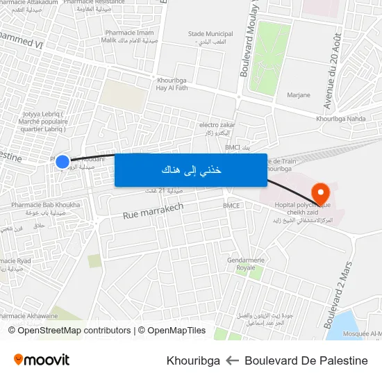 Boulevard De Palestine to Khouribga map
