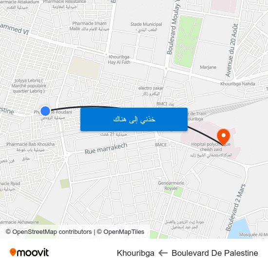 Boulevard De Palestine to Khouribga map