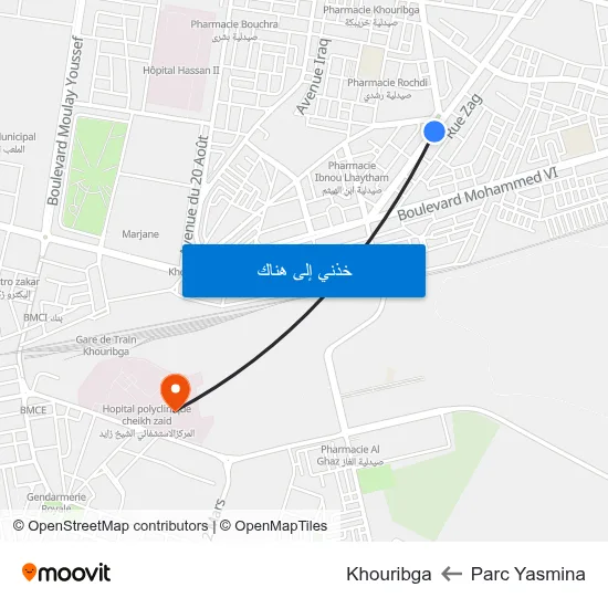 Parc Yasmina to Khouribga map