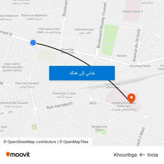 Incia to Khouribga map