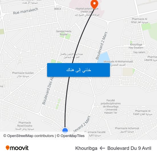 Boulevard Du 9 Avril to Khouribga map