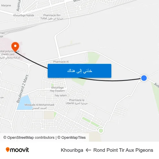 Rond Point Tir Aux Pigeons to Khouribga map