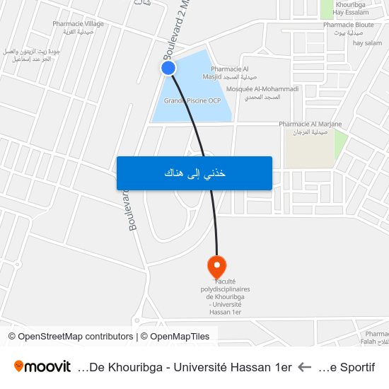 Complexe Sportif to Faculté Polydisciplinaires De Khouribga - Université Hassan 1er map