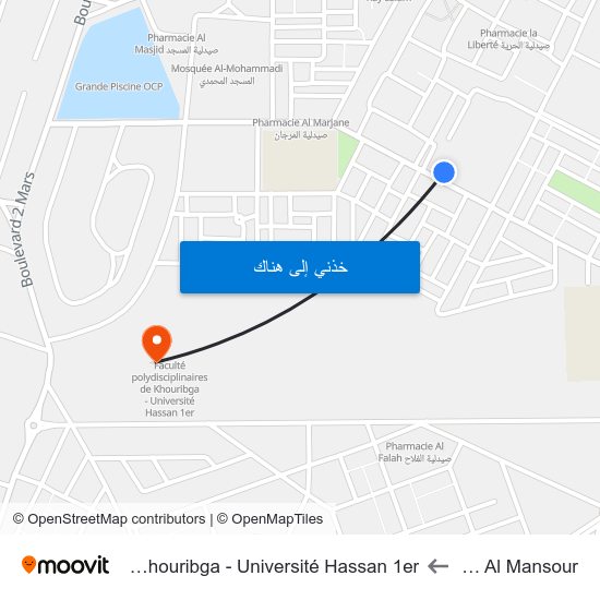 Ecole Yacoub Al Mansour to Faculté Polydisciplinaires De Khouribga - Université Hassan 1er map