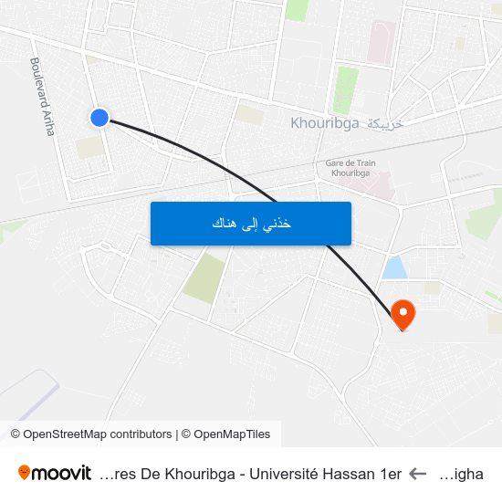 Ouardigha to Faculté Polydisciplinaires De Khouribga - Université Hassan 1er map