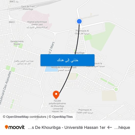 Médiathèque to Faculté Polydisciplinaires De Khouribga - Université Hassan 1er map