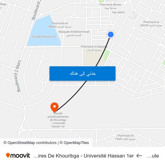 Labyoute to Faculté Polydisciplinaires De Khouribga - Université Hassan 1er map