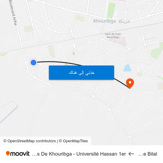 Mosquée Bilal to Faculté Polydisciplinaires De Khouribga - Université Hassan 1er map