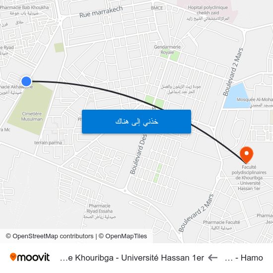 Cimetière - Hamo to Faculté Polydisciplinaires De Khouribga - Université Hassan 1er map