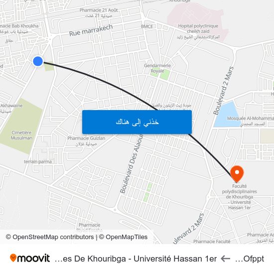 Cqp - Ofppt to Faculté Polydisciplinaires De Khouribga - Université Hassan 1er map