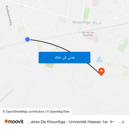 L'Erac to Faculté Polydisciplinaires De Khouribga - Université Hassan 1er map