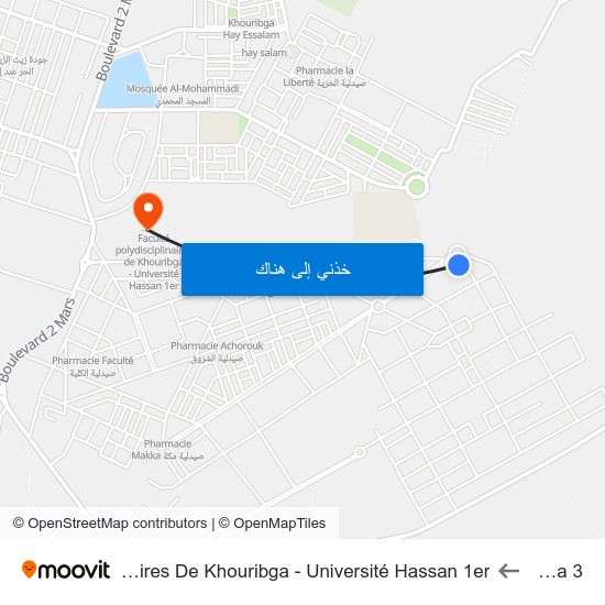 Zitouna 3 to Faculté Polydisciplinaires De Khouribga - Université Hassan 1er map