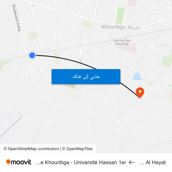 Pharmacie Al Hayat to Faculté Polydisciplinaires De Khouribga - Université Hassan 1er map