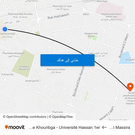 College El Massira to Faculté Polydisciplinaires De Khouribga - Université Hassan 1er map