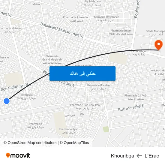 L'Erac to Khouribga map